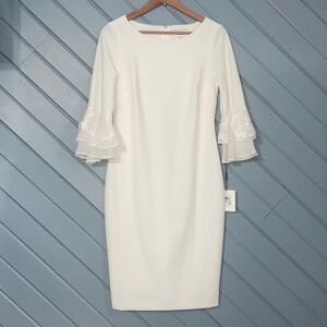 🥳 Calvin Klein White Dress with Lace Bell Sleeves